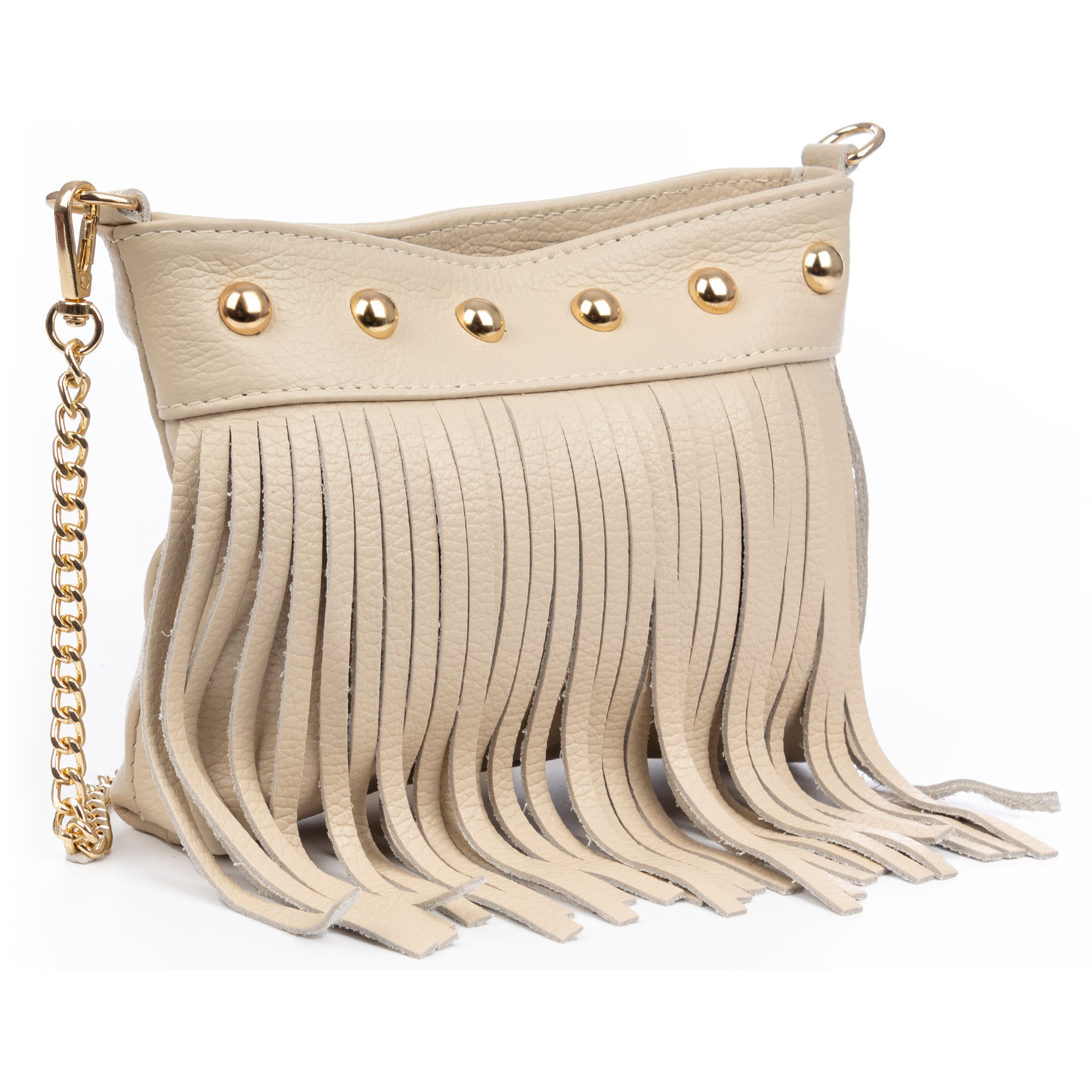Bedulita Bolso bandolera Mujer. Piel auténtica Dollaro con flecos y detalles metálicos.
