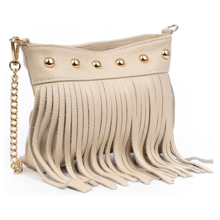 Bedulita Bolso bandolera Mujer. Piel auténtica Dollaro con flecos y detalles metálicos.