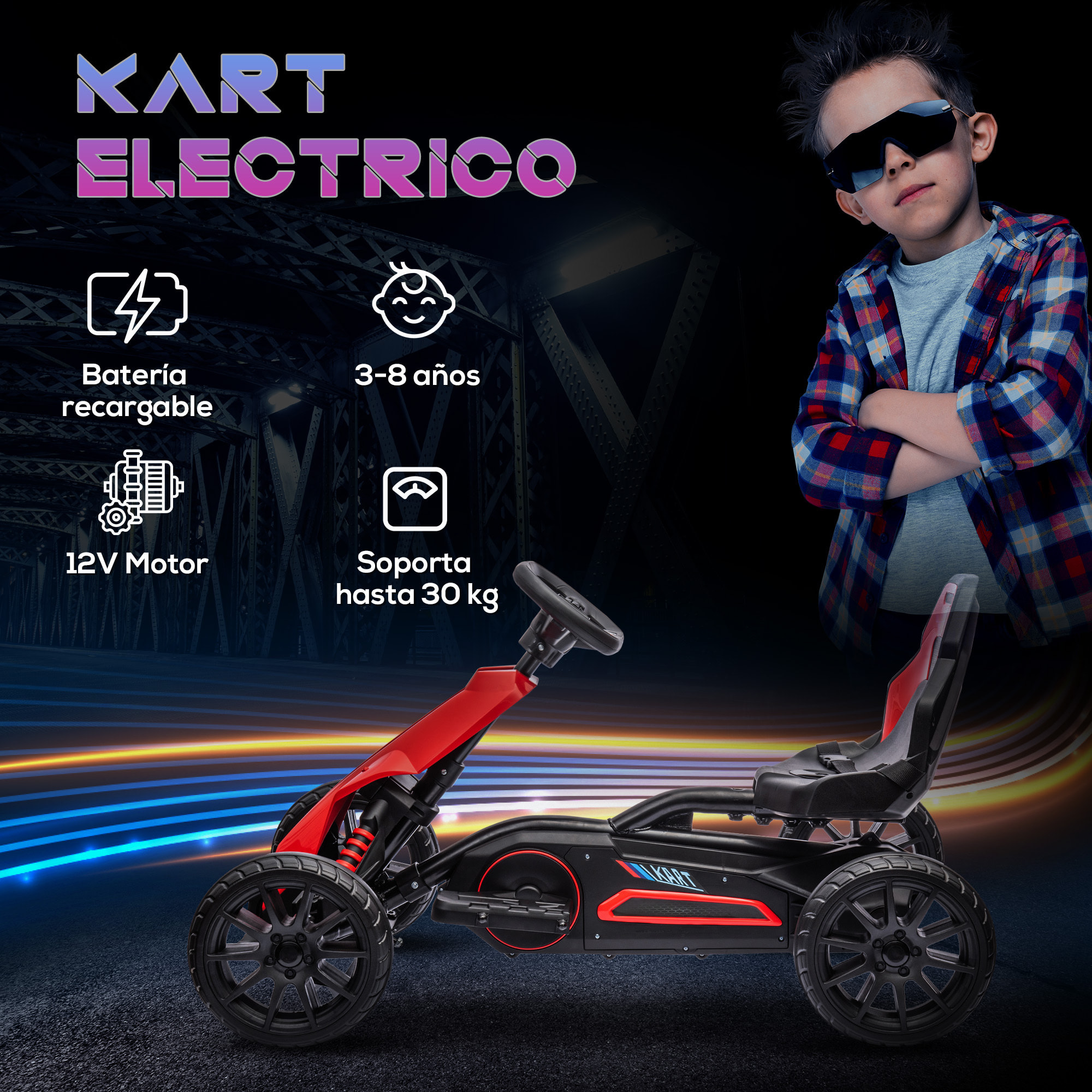 Go Kart Coche Eléctrico para Niños de 3 a 8 Años Kart con Batería 12V Velocidad Ajustable 3-5km/h y Cinturón de Seguridad Carga 30 kg para Exterior 100x58x58,5 cm Rojo