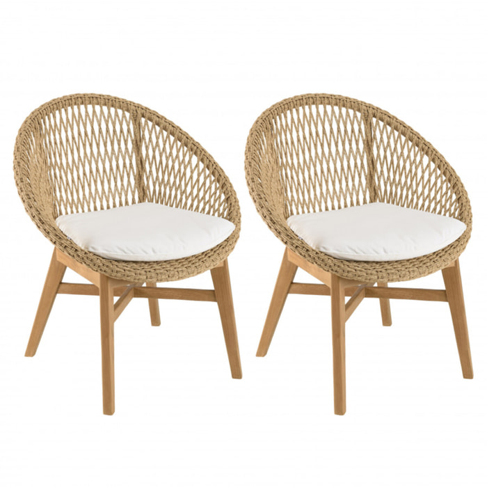 VALERIA - Lot de 2 fauteuils jardin arrondi teck rotin synthétique /coussin