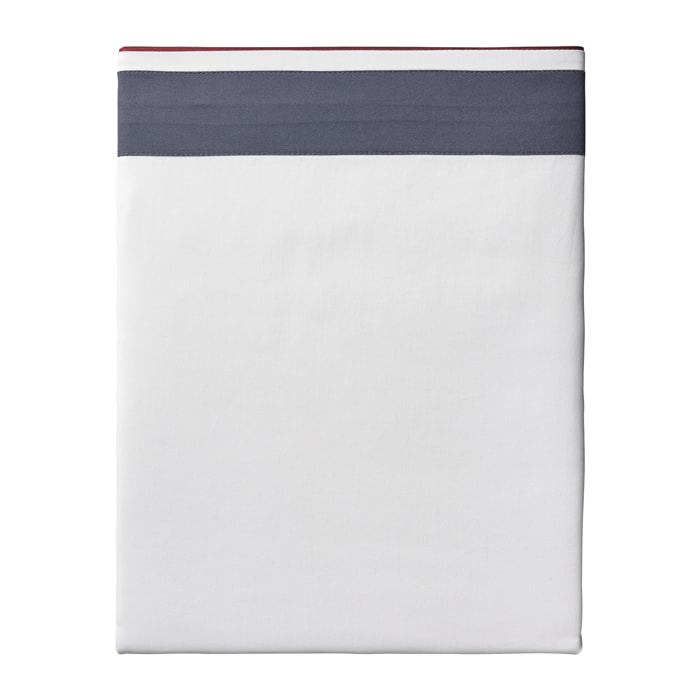 Drap plat tricolore en satin de coton avec bande appliquée, MARCEAU, Blanc Neige/Bleu Marine