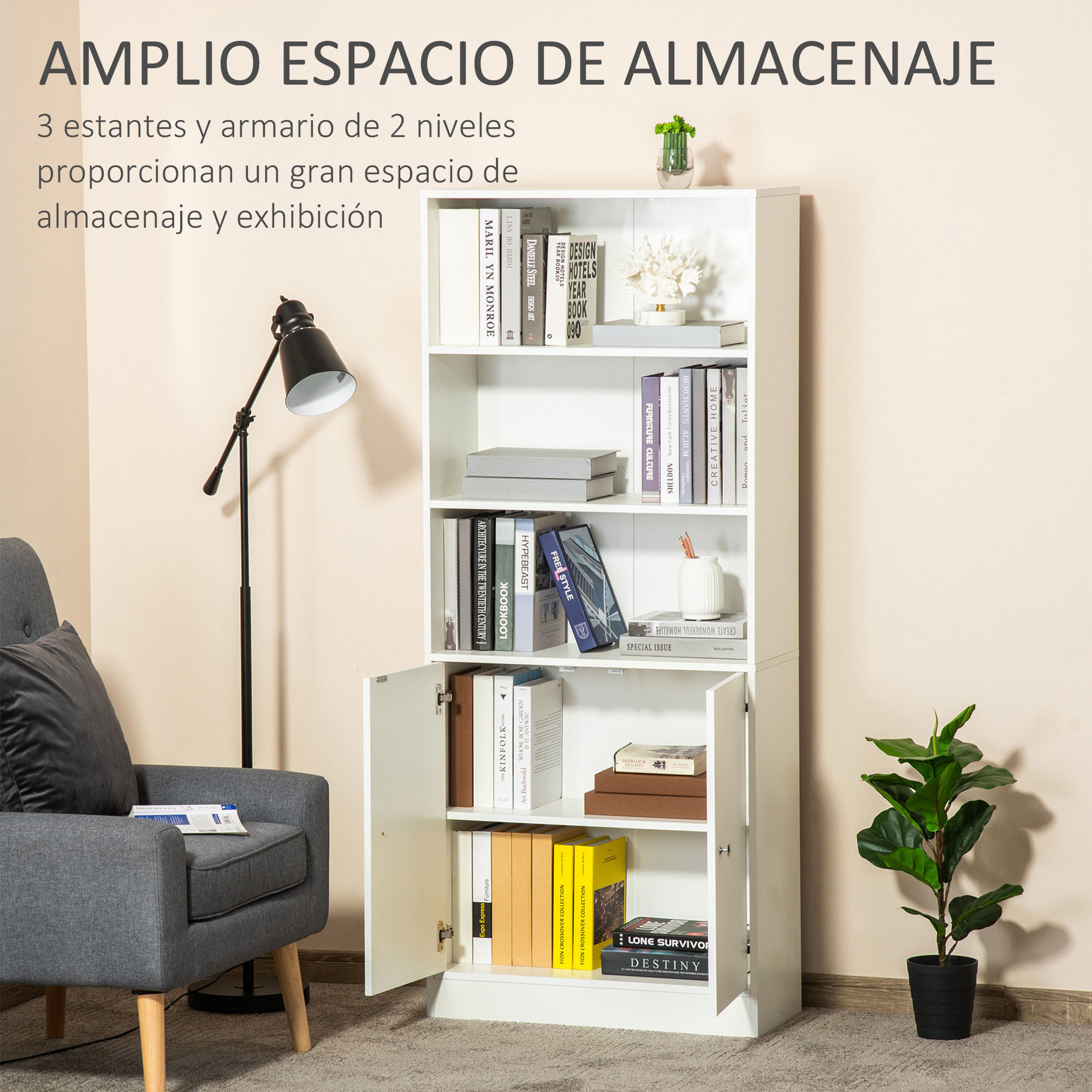 Estantería Librería con 3 Compartimentos Abiertos y 1 Armario con Estante Ajustable Almacenaje para Salón Estudio 70x29,5x167 cm Blanco