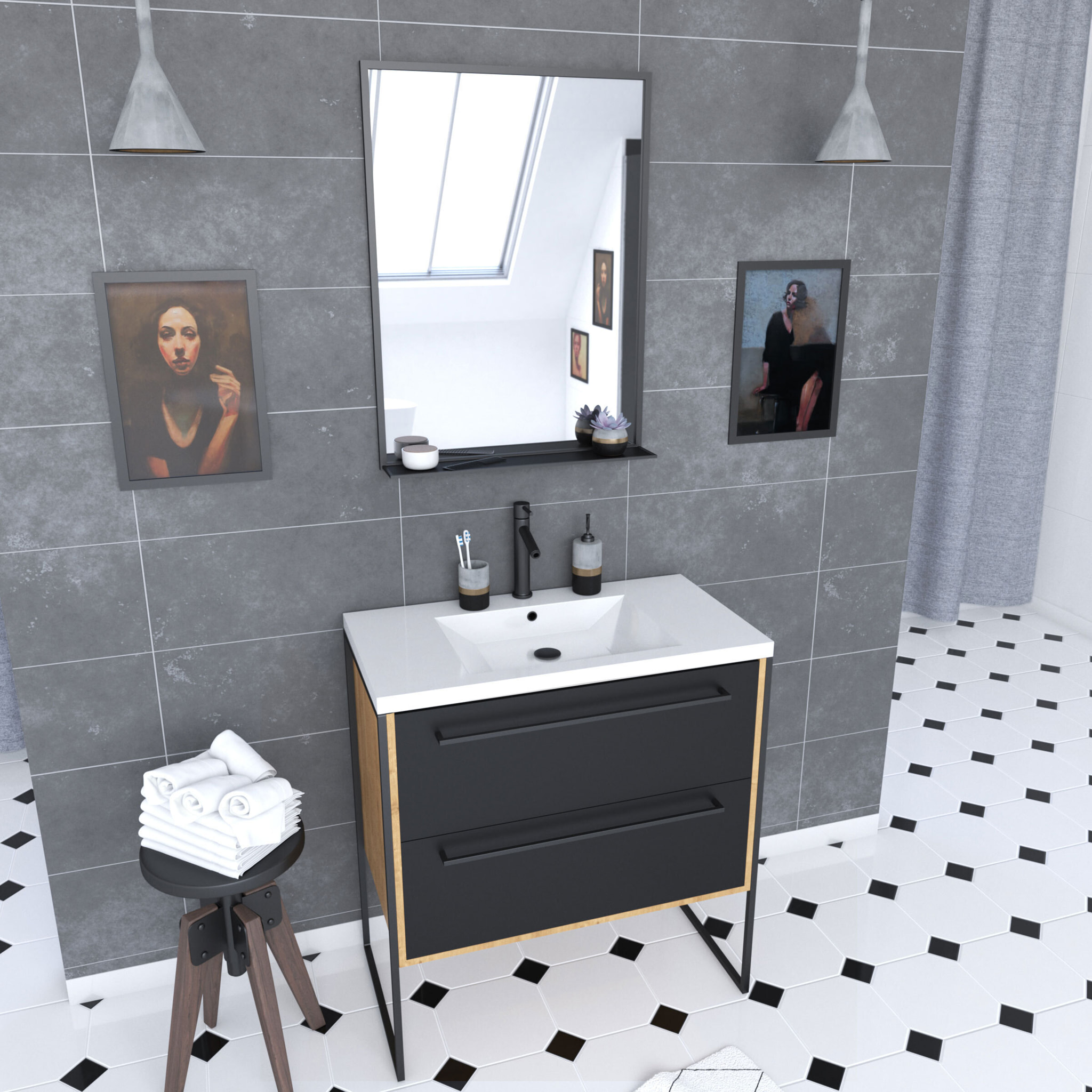 Meuble de salle de bain 80x50cm - vasque blanche 80x50cm - 2 tiroirs noir mat + miroir