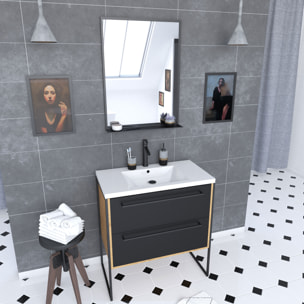 Meuble de salle de bain 80x50cm - vasque blanche 80x50cm - 2 tiroirs noir mat + miroir