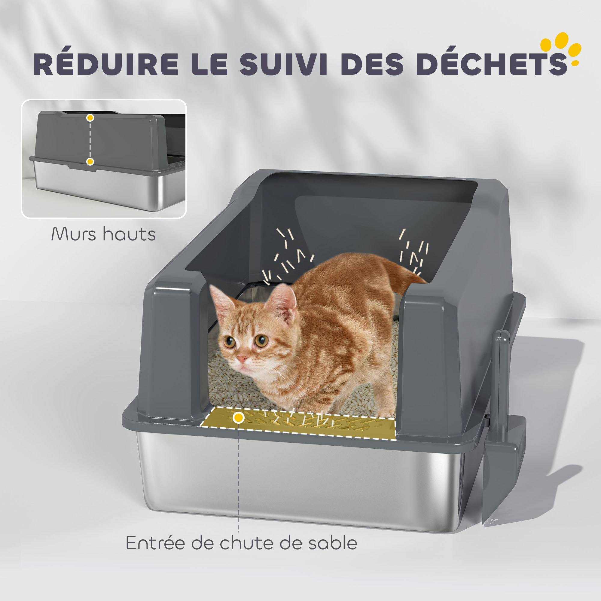 Maison de toilette XXL 85L design - bac à litière grande taille 71 x 50 x 35 cm - acier inox ABS gris