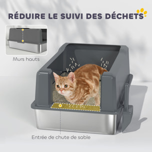 Maison de toilette XXL 85L design - bac à litière grande taille 71 x 50 x 35 cm - acier inox ABS gris
