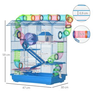 Jaula para Hámster Hábitat para Animales Pequeños de Múltiples Niveles con 4 Plataformas Bebedero Rueda de Ejercicio Escaleras Sistema de Tubos 47x30x59 cm Azul