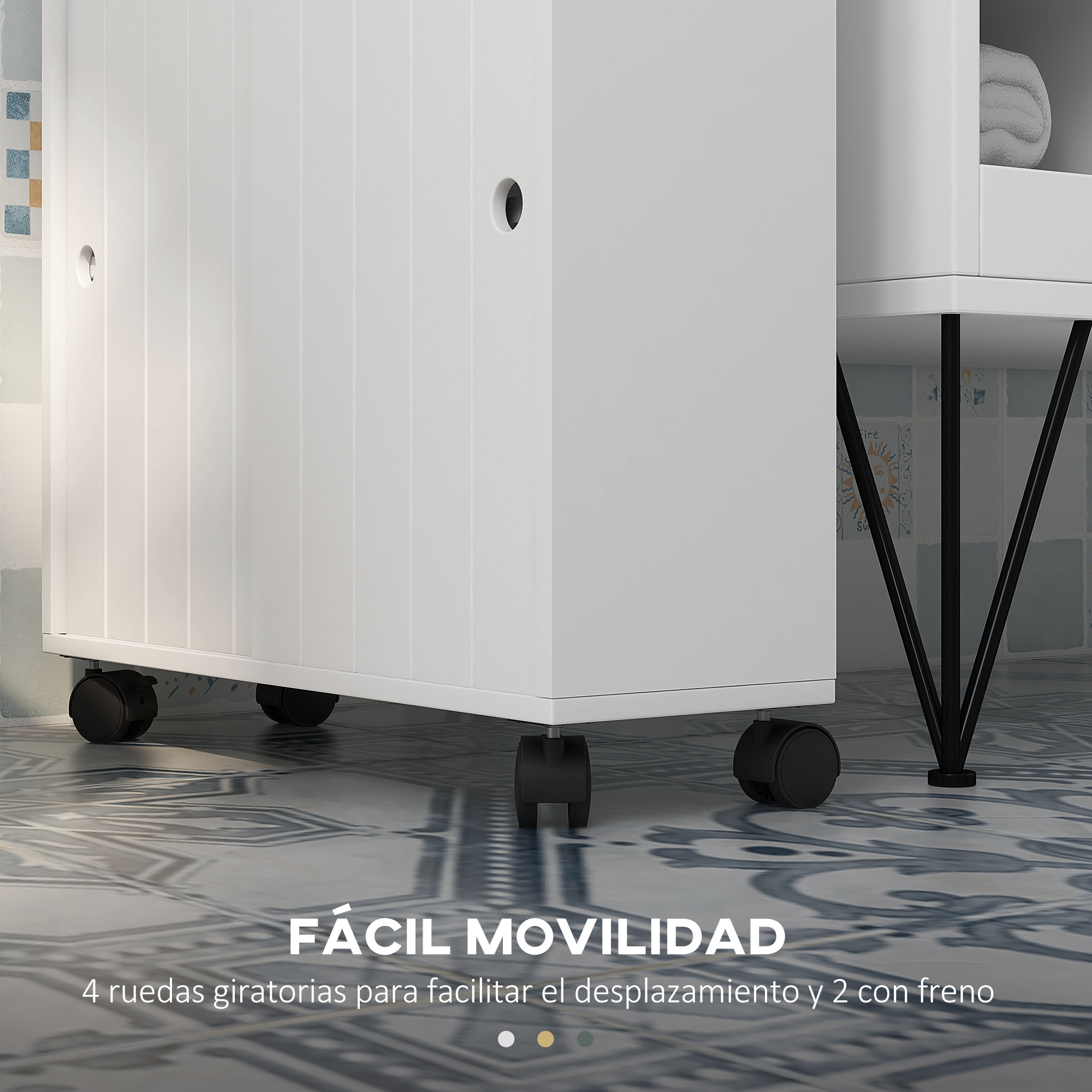 Mueble Auxiliar Baño Moderno Armario de Baño con 4 Ruedas 2 Agujeros para Papel 2 Armarios y Estantes Ajustables Mueble Auxiliar de Almacenaje para Salón 52x17x67 cm Blanco