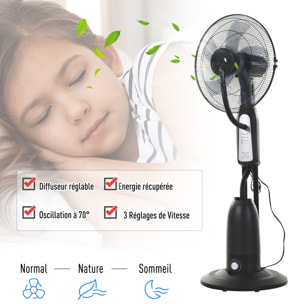 Ventilateur brumisateur sur roulettes - oscillant silencieux 90 W - 4 vitesses - dim. Ø 44 x 120H cm noir gris