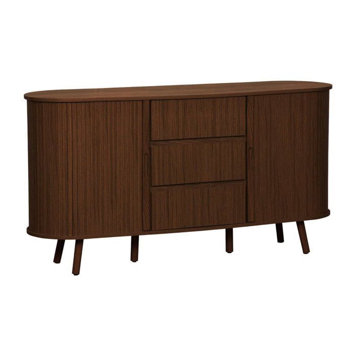 Buffet scandinave ovale 2 portes coulissantes. 4 compartiments. 3 tiroirs. effet bois rainuré. teinte noyer. L 150 x P 40 x H 79cm