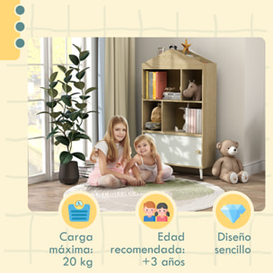 Estantería Infantil de Madera con 4 Compartimentos Librería Infantil con Estantes Abiertos y Armario para Habitación de Niños Sala de Juegos 80x30x140,5 cm Blanco y Natural