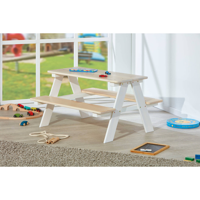 Set tavolo con panche bambini, in pino bianco, cm 90x82x50