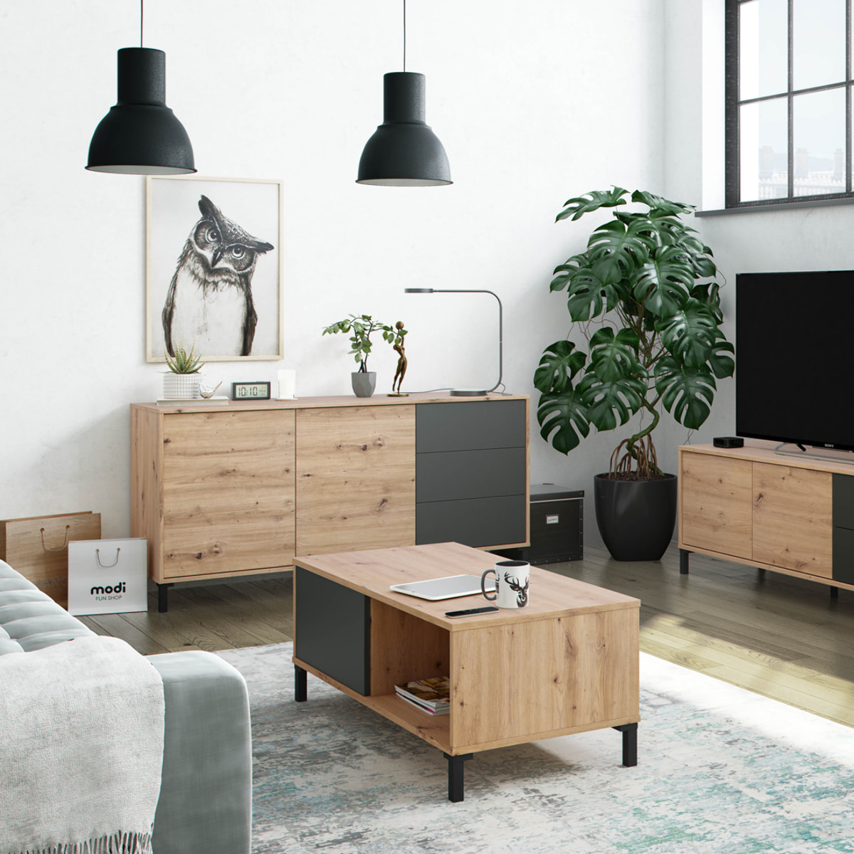 Mesa Centro Auxiliar 40x100x50 Cm Gris Antracita Y Roble Nodi