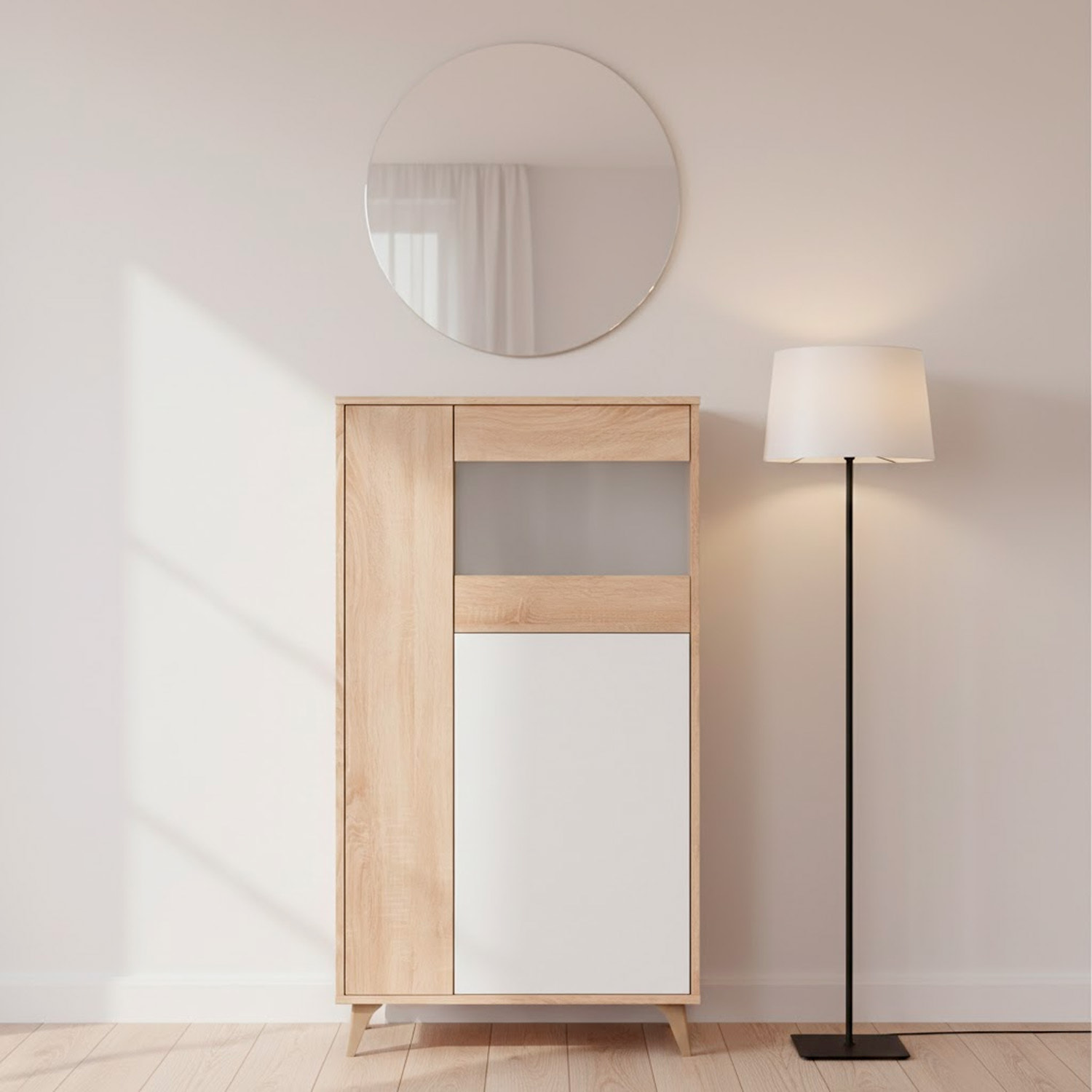 Credenza Con Vetrina Moderna Mobile contenitore Con Ripiani Interni In Truciolare Melaminico Ideale Per Soggiorno 77 x 33 x 142 Cm Bianco E Rovere