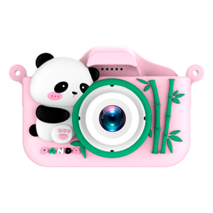 Cámara infantil de fotos y video. 44mpx y video FHD, zoom digital 8x. Cámara trasera para selfies, juegos incorporados. Funda de silicona diseño panda.
