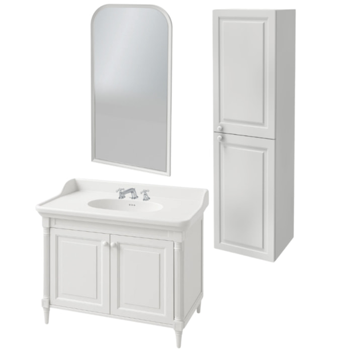 Pack meuble vasque 3 trous Cléo 1889 blanc velours + colonne droite + miroir + mélangeur croisillons chrome