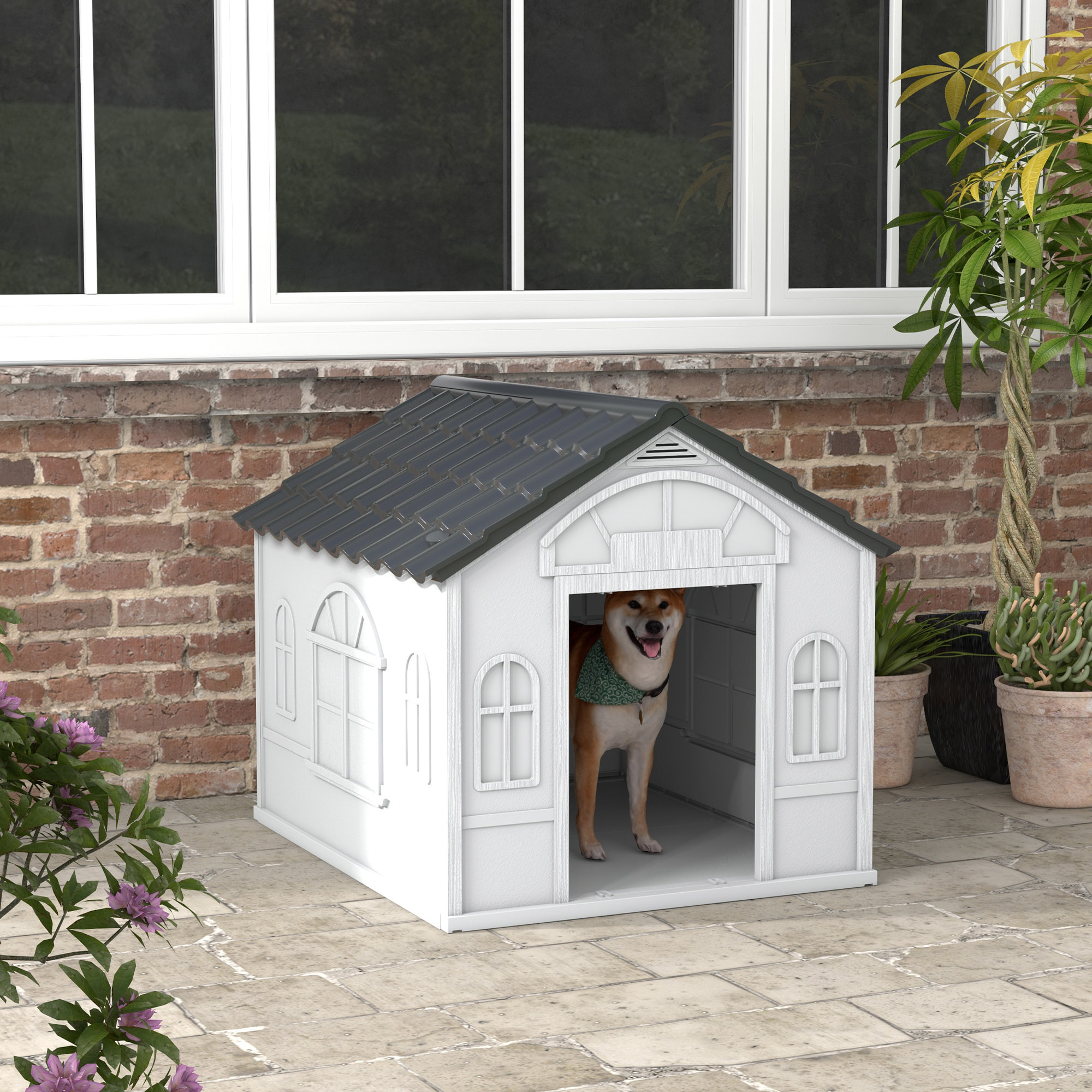Niche chien style cottage - motifs fenêtres, porte, aération - PP blanc gris