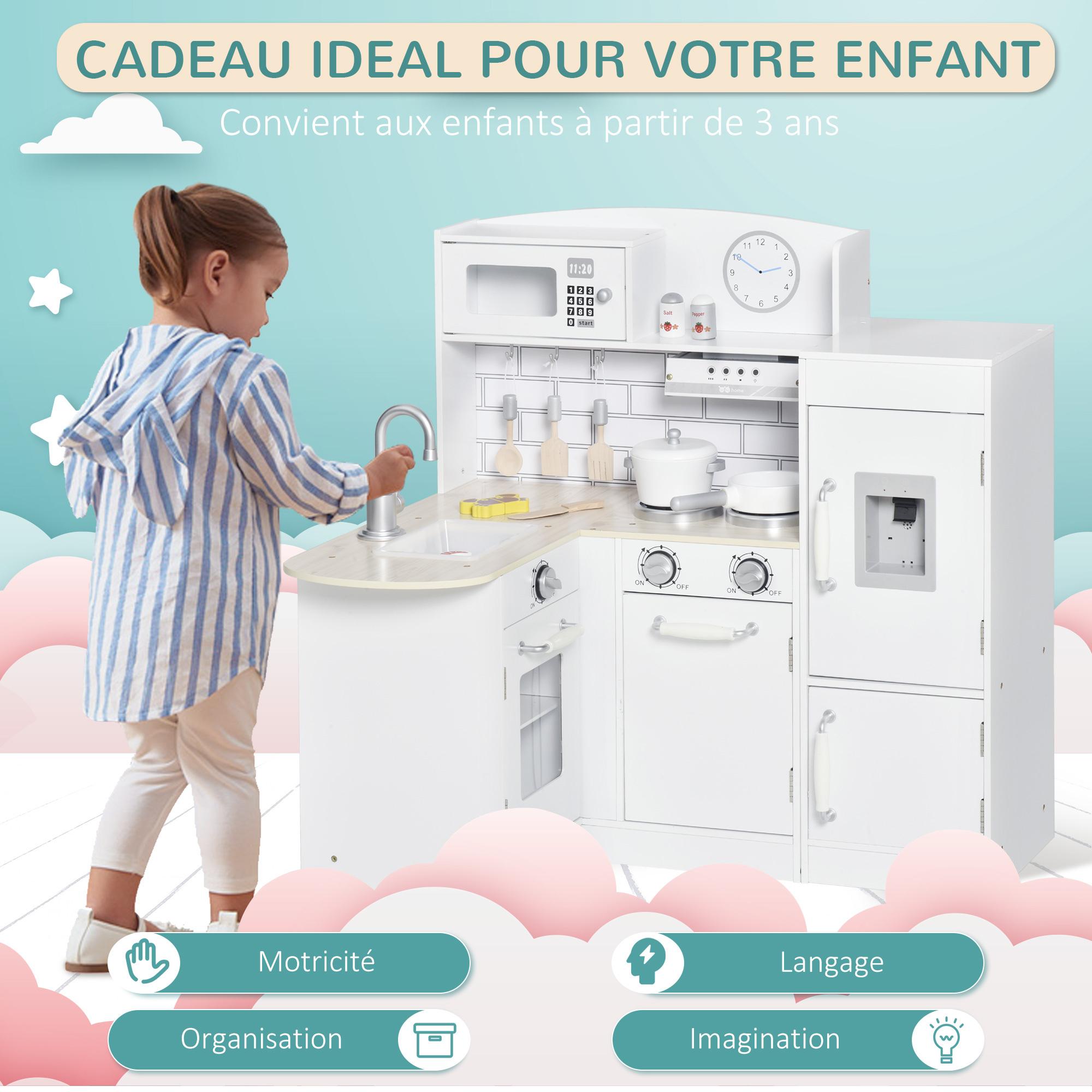 Cuisine bois jeu d'imitation - cuisine enfant - nombreux accessoires & rangements inclus - MDF pin blanc