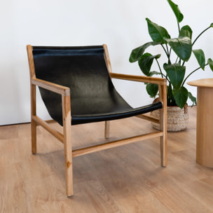 Fauteuil lounge en teck et cuir de vachette noir - Apache