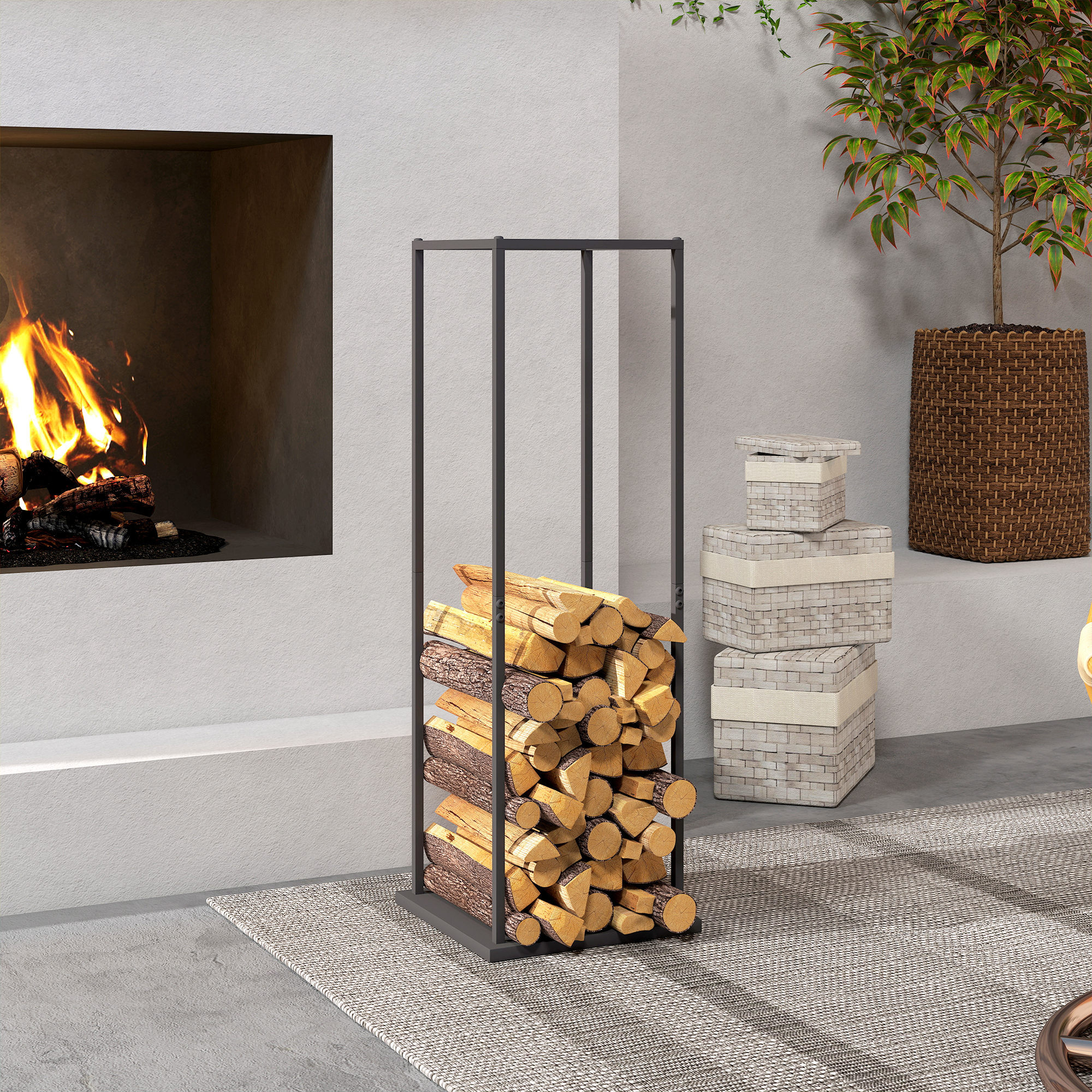 Estante de Leña Metálico, Soporte para Leña de Chimenea, Leñero Exterior con Base Elevada, para Interior y Exterior, Carga 100 kg, 33x33x110 cm, Negro