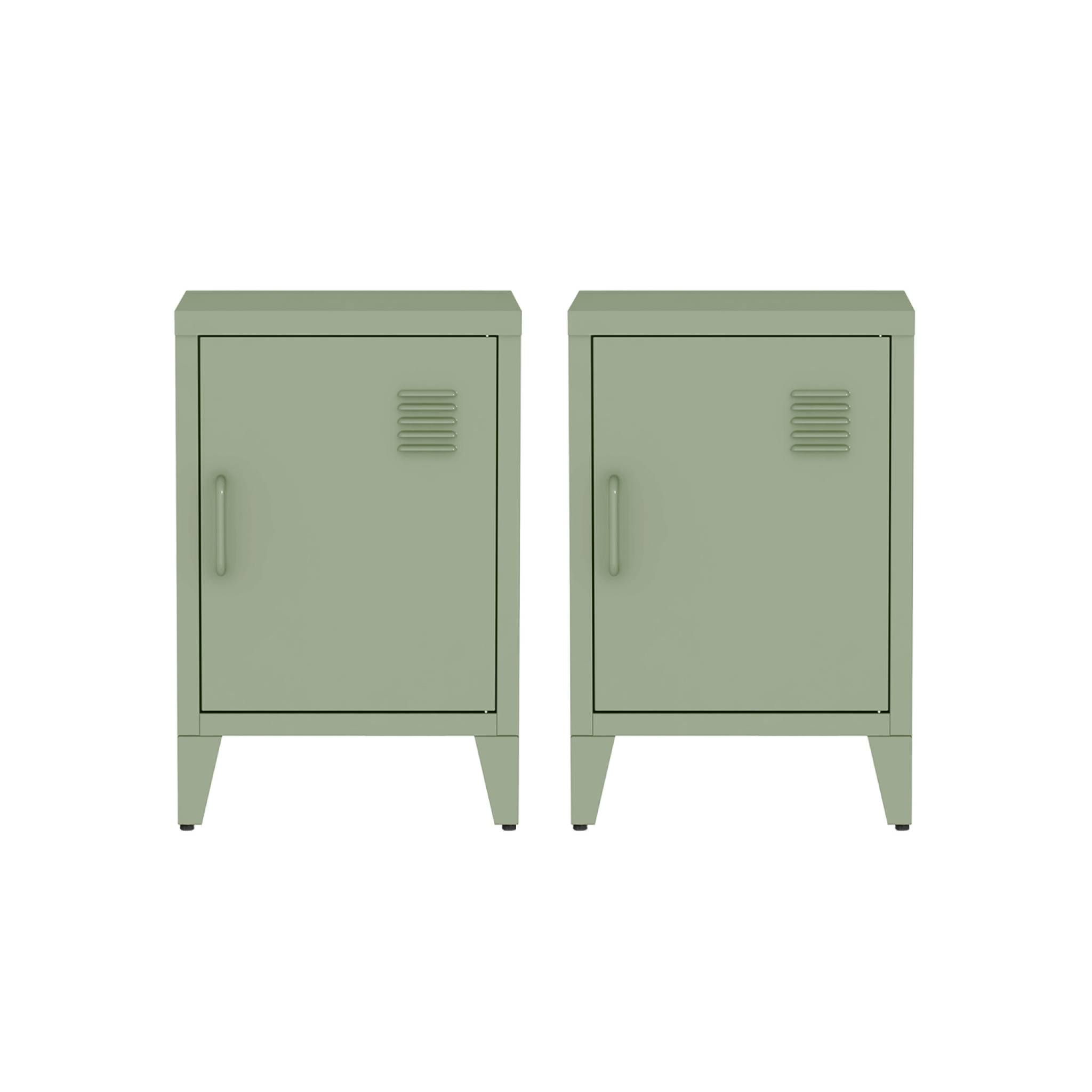 Lot de 2 tables de chevet en acier 1 porte. Vert. casier. L 38 x P 38 x H 55.7 cm