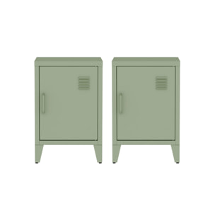 Lot de 2 tables de chevet en acier 1 porte. Vert. casier. L 38 x P 38 x H 55.7 cm