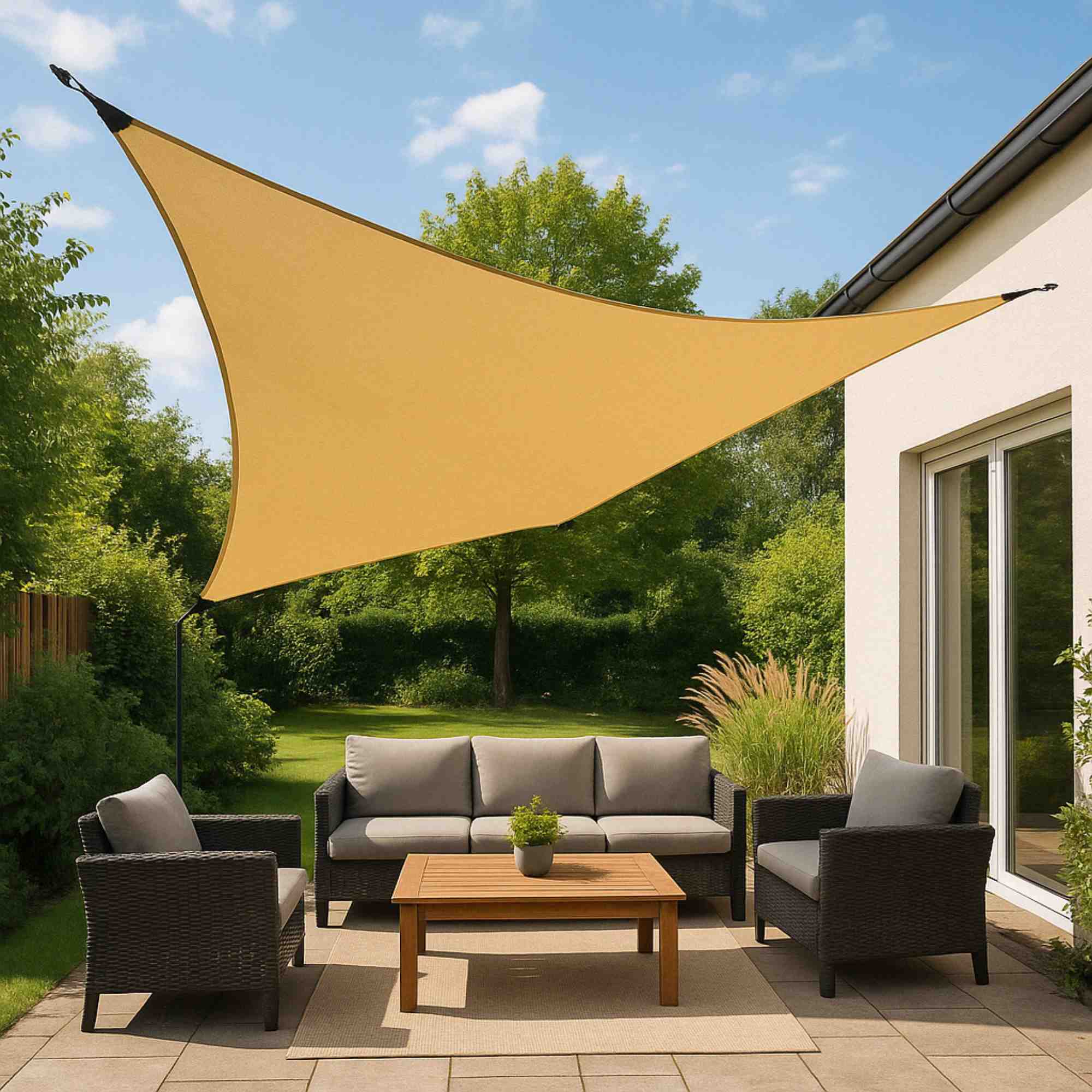 Triángulo de tela para sombra en poliéster amarillo ocre ganchos de metal y bolsa con cremallera