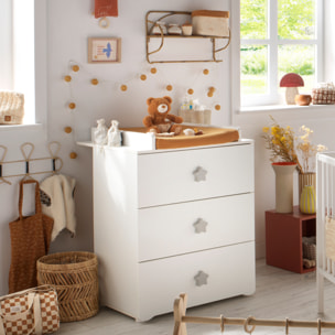 Chambre bébé complète Basic, Lit 120x60 tout barreaux, Commode à langer 3 tiroirs et Armoire 2 portes