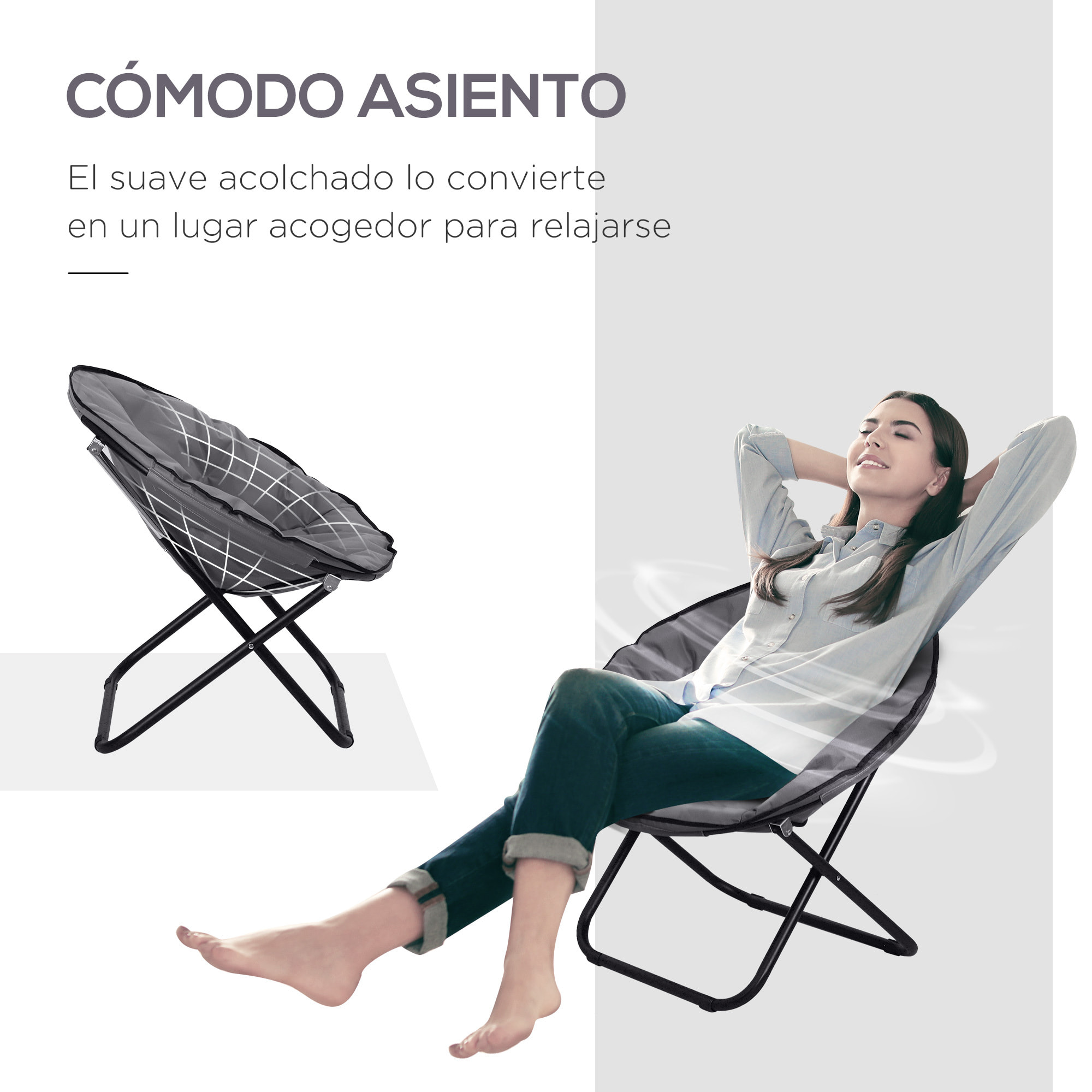 Silla de Luna Plegable Silla de Platillo con Asiento de Tela Oxford y Patas de Metal Carga 120 kg para Camping Playa Terraza Patio 80x80x75 cm Gris