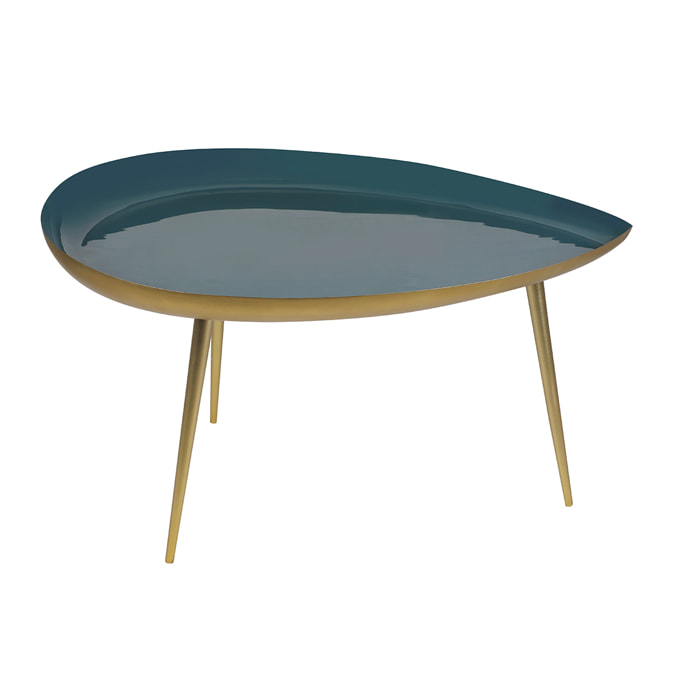 Table basse design en acier laqué bleu canard et doré L80 cm DROP