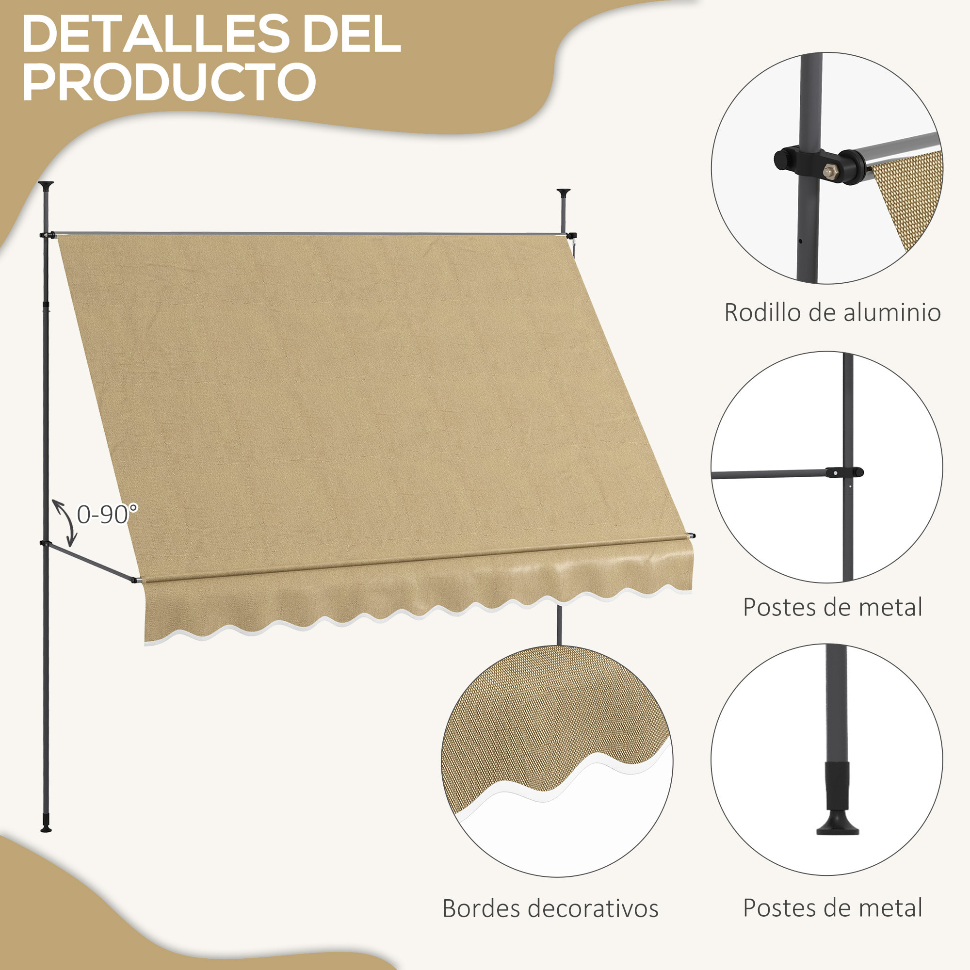 Toldo Manual Retráctil 3x1,2 m Toldo Exterior Terraza Enrollable Altura Ajustable con Manivela 210-300 cm Sin Taladro Protección UV30+ para Balcón Jardín Beige