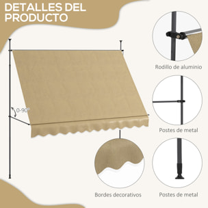 Toldo Manual Retráctil 3x1,2 m Toldo Exterior Terraza Enrollable Altura Ajustable con Manivela 210-300 cm Sin Taladro Protección UV30+ para Balcón Jardín Beige
