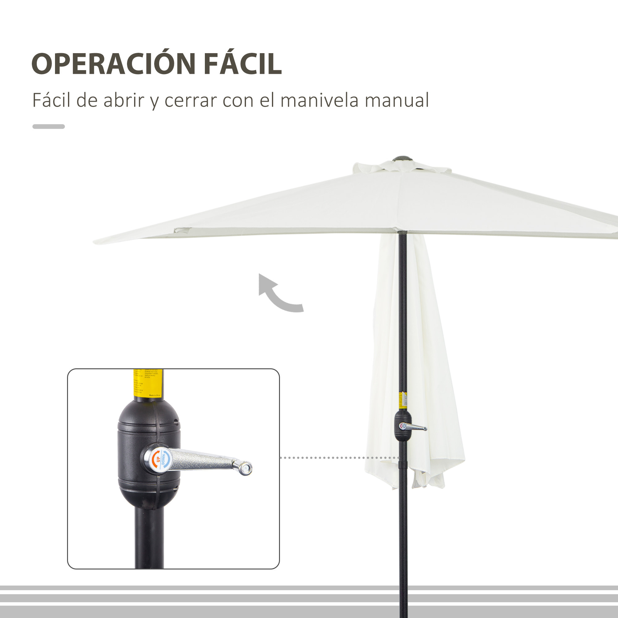Sombrilla 269x138x236 cm Parasol de Jardín con Manivela y Forma Semicircular para Exterior Terraza Patio Piscina Crema