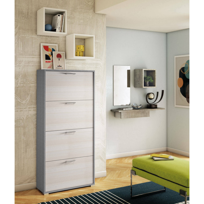 Scarpiera Adeindein, Mobile multiuso da ingresso con 4 ante a ribalta, Armadietto portascarpe a doppia profondità, 100% Made in Italy, 67x28h147 cm, Larice