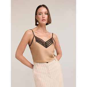 Motivi - Top in raso con bordo in tulle - Beige