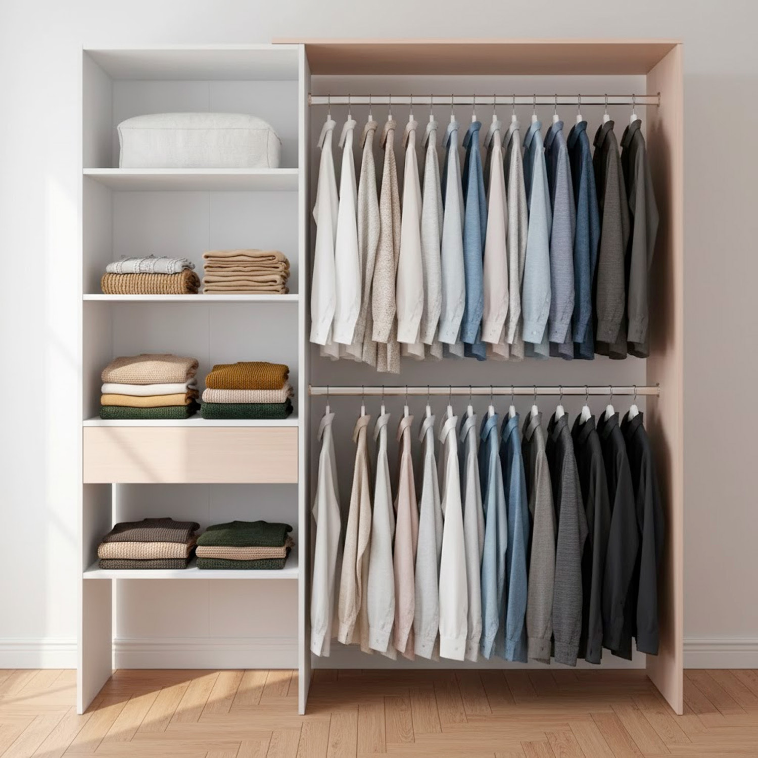 Armadio Guardaroba Con 2 Barre Appendiabiti 4 Ripiani E Cassetto Armadietto Mobile Salvaspazio Reversibile Camera 187x40x158 Cm Bianco Opaco e Rovere