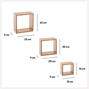 3 petites étagères murales "Fixy" cube effet chêne