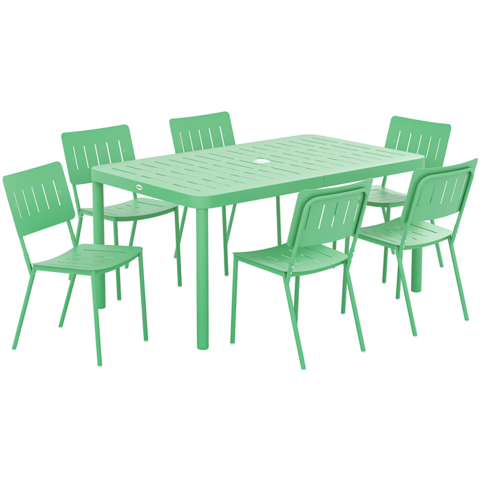Salon de jardin - ensemble déjeuner 6 places 7 pièces - table et 6 chaises empilables - acier thermolaqué vert