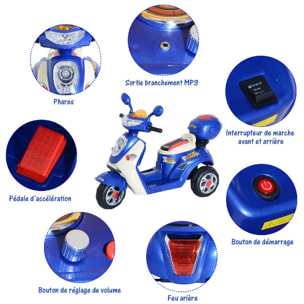 Moto scooter électrique pour enfants 6 V env. 3 Km/h 3 roues et topcase effet lumineux et sonore bleu