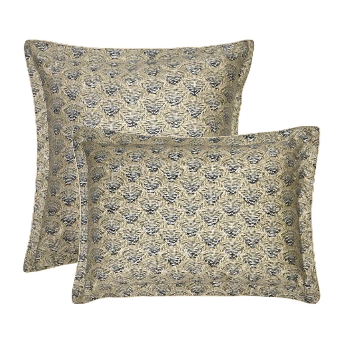 Taie d'oreiller satin de coton imprimé beige Eventails argile