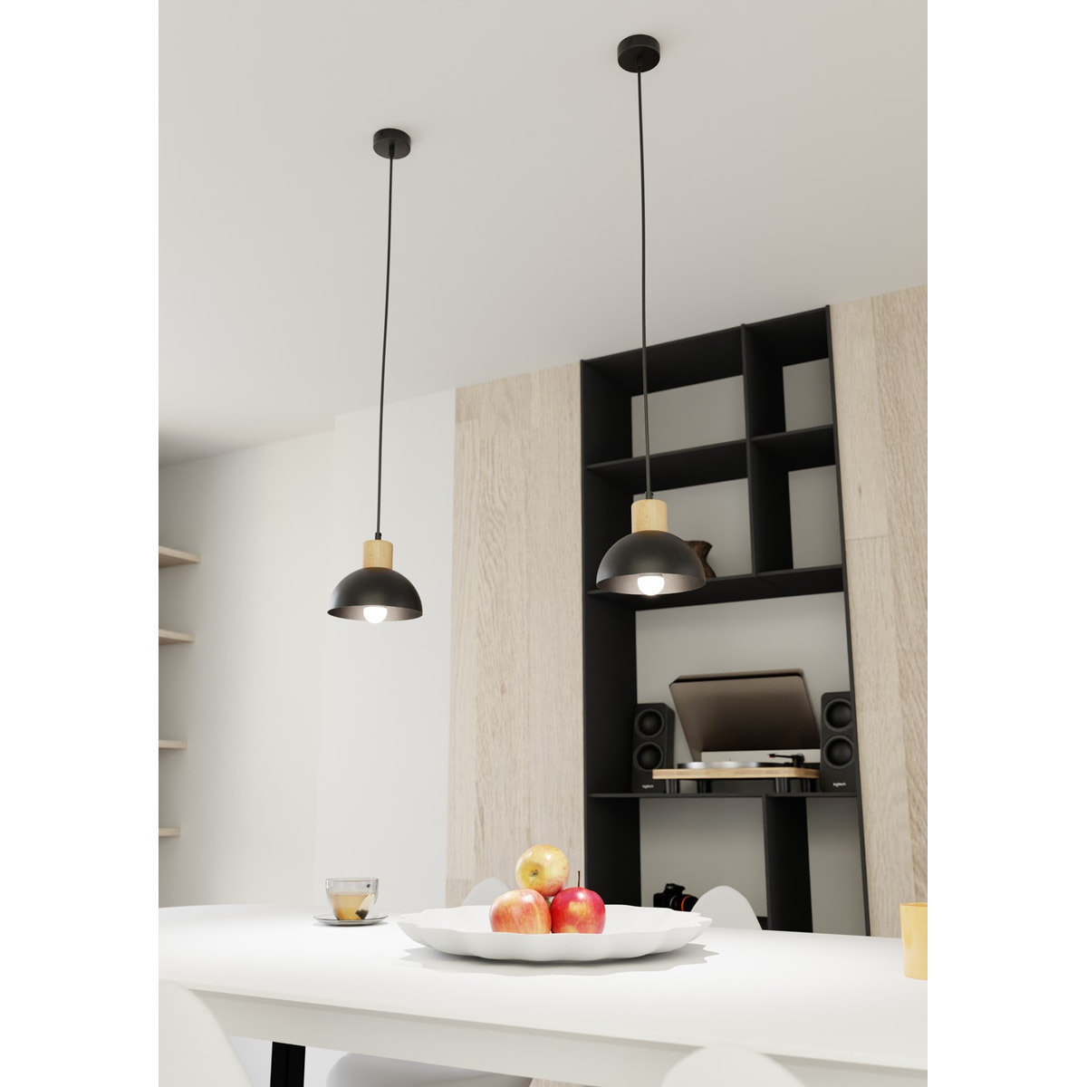 Lampada a sospensione Seco in acciaio nero e legno