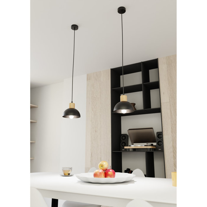 Lampada a sospensione Seco in acciaio nero e legno