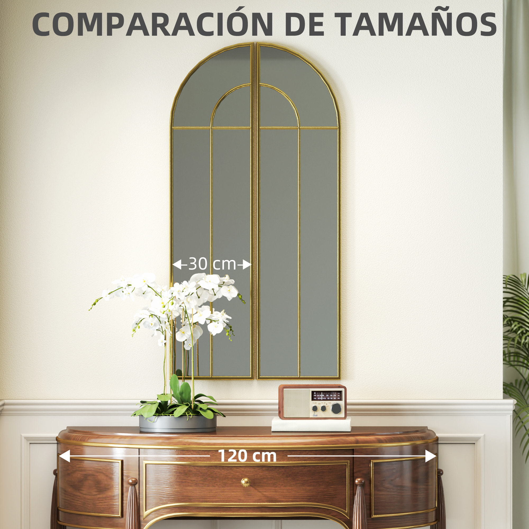 Espejo Decorativo de Pared de 2 Piezas 30x120 cm Espejo de Ventana con Diseño en Arco y Marco de Metal Espejo para Salón Dormitorio Entrada Dorado