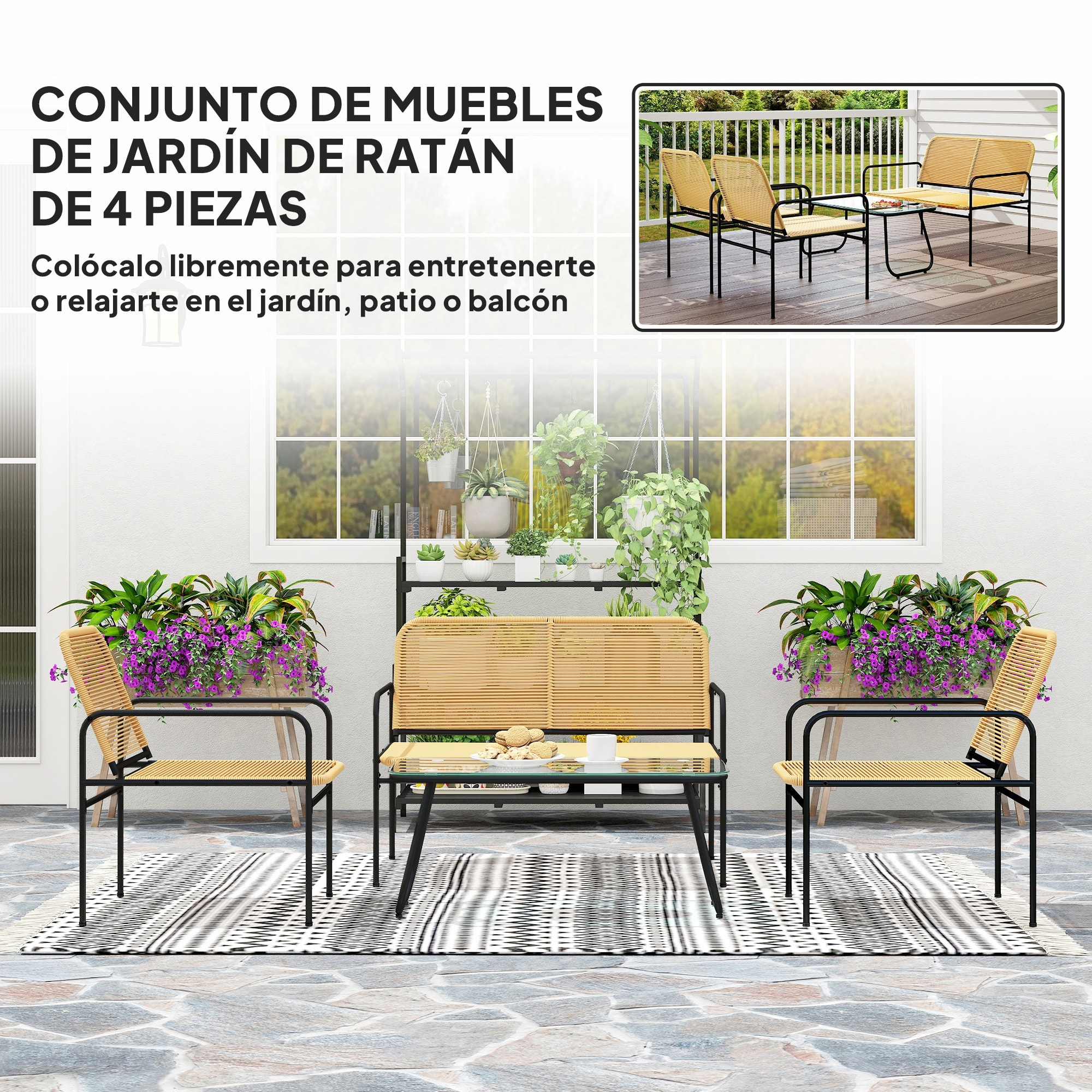 Conjunto Jardín Exterior de Ratán Conjunto Terraza Resistente a la Intemperie Muebles Jardín Exterior con 2 Sillones Sofá de 2 Plazas y Mesa de Tablero de Vidrio Templado Natural