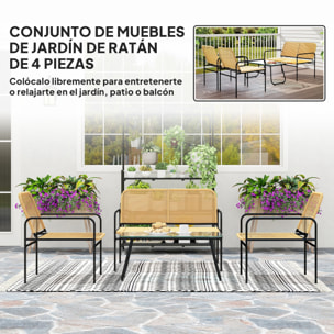 Conjunto Jardín Exterior de Ratán Conjunto Terraza Resistente a la Intemperie Muebles Jardín Exterior con 2 Sillones Sofá de 2 Plazas y Mesa de Tablero de Vidrio Templado Natural