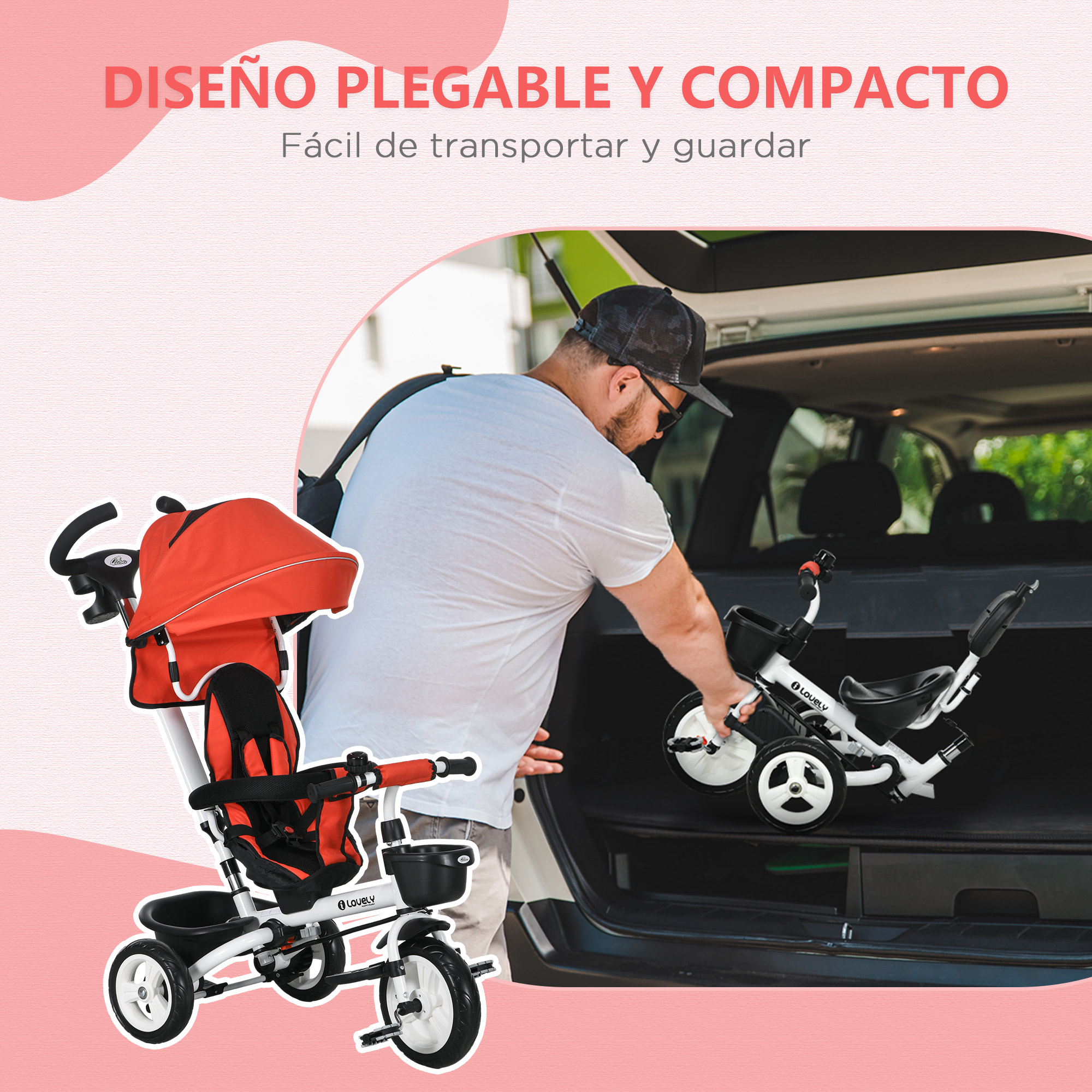 Triciclo para Bebés Plegable Triciclo Evolutivo 2 en 1 para Niños de 12-60 Meses con Toldo Plegable Mango de Empuje Telescópico Reposapiés Cinturón de Seguridad y Cestas Rojo