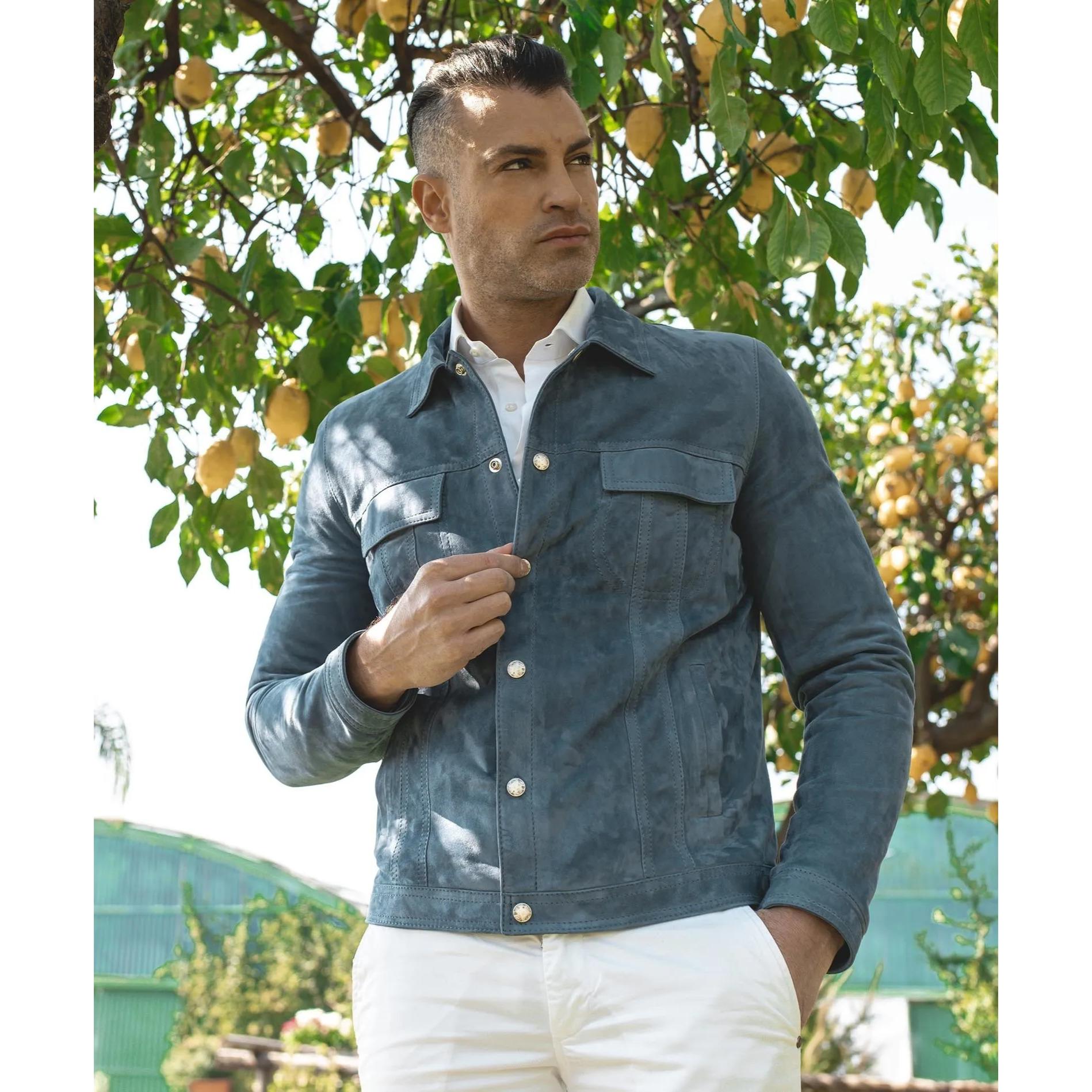 Giacca pelle camoscio blu denim bottoni e collo camicia