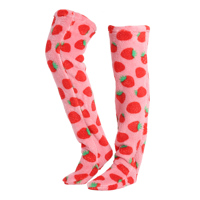 Calze lunghe in soffice peluche extra morbido. 75 cm di lunghezza. Design fragole.