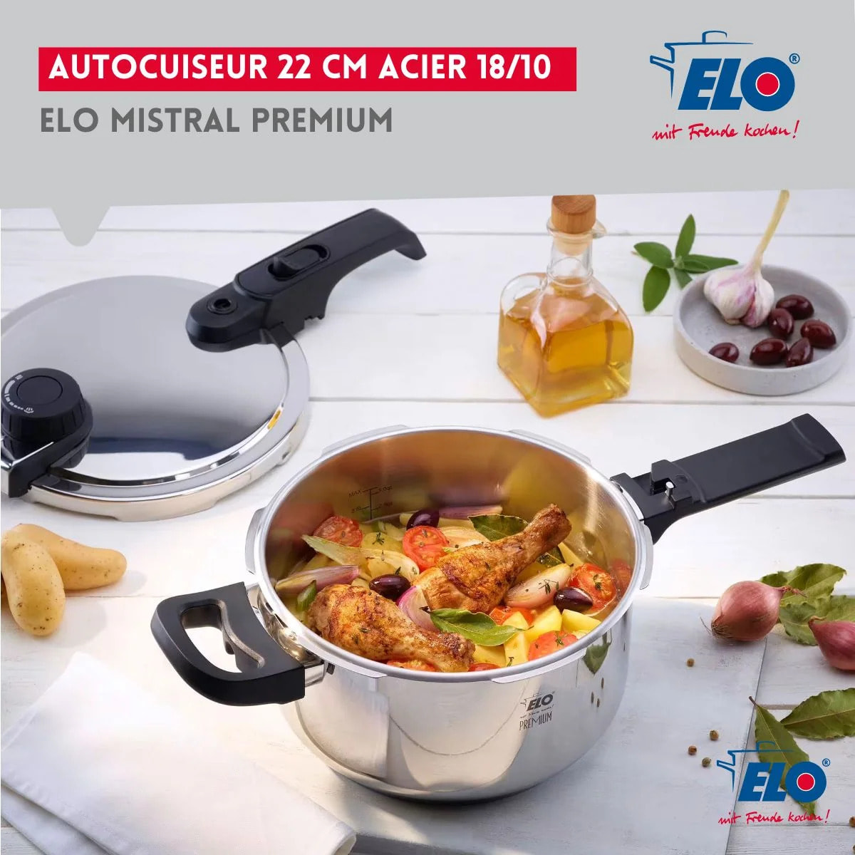 Autocuiseur vapeur en acier inoxydable 18/10 22 cm 4,5 litres Elo Mistral Premium