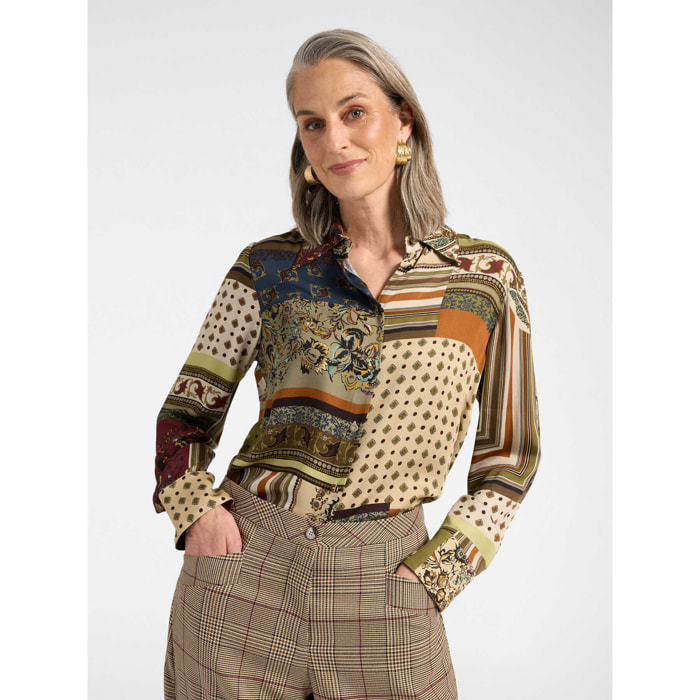 Elena Mirò - Camicia in raso stampata patchwork - Verde militare